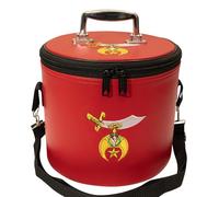 UK EMPIRE GROUP Premium Masonic Shriner Fez Hat Case Red Leather - Dual Emblems (Machine Embroidery) Front & Top, with Shoulder Strap
