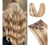 UK-Fashion-Shop Human Hair Extensions Clips in Real Hair Extension 8pcs 18 clips Straight Natural 12P613 Golden Brown & Bleach Blonde - 18inch(70g)