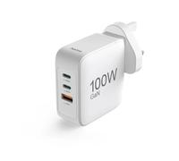 UK Fast Charger, GaN, 2x USB-C, 1x USB-A, PD, 100 W, White, Charging Adapter