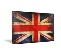 UK Flag Metal Wall Art - British Union Jack Flag Tin Sign - Rustic Great Britain Home Decor for Bar, Man Cave, Garage and Vintage Office Wall Decor - Metal Sign Red White Blue 12" x 8"