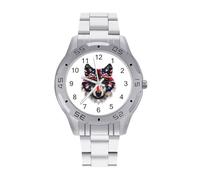 UK Flag US Wolf Wearing Glasses Quartz Wrist Watch Stainless Steel Watches for Men Women Easy to Read