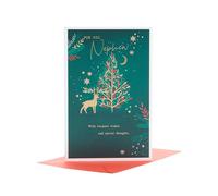 UK Greetings Christmas Card for Nephew - Gold Reindeer & Tree Design