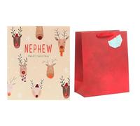 UK Greetings Christmas Card for Nephew + Large Red Gift Bag with Tag
