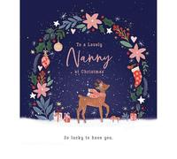 UK Greetings Lovely Nanny Christmas Card Reindeer With Christmas Wreath Xmas Greetings - Carlton Cards Festive, Heartfelt, Eco-Friendly, Artistic Design, Winter Scene, Keepsake, For Her