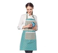 UK Handmade Green Waterproof Apron with Beautiful Stripes, Little Flowers and Front Large Pocket
