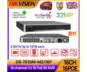 UK Hikvision 8K 32MP 16Ch 16PoE Network Video Recorder 2SATA DS-7616NI-M2/16P