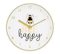 UK-HOME-BARGAINS 20cm BUMBLE BEE Small Round Wall Clock Polished Yellow Gold Effect Be Happy