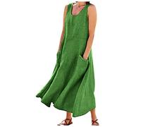 UK Ladies Christmas Dresses Size 16 Summer Cotton Linen Solid Colour Crew Neck Sleeveless Dresses Tank Dress with Pockets Maxi Summer Dress (Green, 5XL)