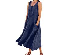 UK Ladies Flattering Dresses Summer Cotton Linen Solid Color Crew Neck Sleeveless Dresses Tunic Tank Dress with Pockets Kaftans for Women (Navy, S)