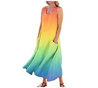UK Maxi Dresses Size 20 Casual Gradient Print Round Neck Sleeveless Dresses Maxi A Line Beach Dress with Pockets Dress Women UK (Yellow, 5XL)