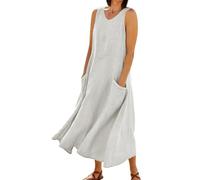 UK Midaxi Dresses Summer Cotton Linen Solid Color Crew Neck Sleeveless Dresses Tunic Tank Dress with Pockets Dress for Women Indian (White, L)