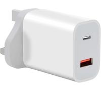 UK PD + QC Adaptor, Dual Port Wall Charger with USB-C and USB-A, 3A Fast Charging, White