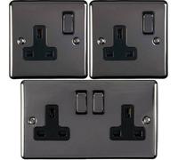 UK Plug Socket Pack -1x Twin & 2x Single Gang- BLACK NICKEL / Black 13A Switched