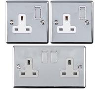 UK Plug Socket Pack -1x Twin & 2x Single Gang- CHROME / Grey 13A Switched