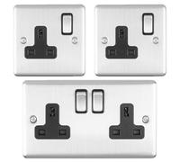 Uk Plug Socket Pack -1X Twin & 2X Single Gang- Satin Steel / Black 13A Switched