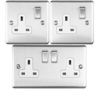 Uk Plug Socket Pack -1X Twin & 2X Single Gang- Satin Steel / Grey 13A Switched