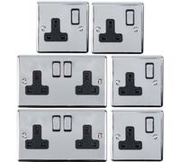 Uk Plug Socket Pack -2X Twin & 4X Single Gang- Chrome / Black 13A Switched