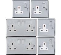 Uk Plug Socket Pack -2X Twin & 4X Single Gang- Chrome / Grey 13A Switched