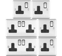 Uk Plug Socket Pack -2X Twin & 4X Single Gang- Satin Steel / Black 13A Switched