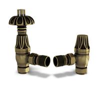 Uk Radiators 1/2Bsp 15mm Angled Antique Brass Traditional Thermostatic Radiator Valve & Lockshield Signature Metal Head