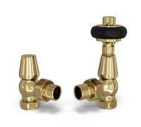 Uk Radiators 1/2Bsp 15mm Angled Polished Brass Traditional Thermostatic Radiator Valve & Lockshield Signature Wooden Head
