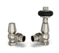 Uk Radiators 1/2Bsp 15mm Angled Silver Nickel Traditional Thermostatic Radiator Valve & Lockshield Signature Wooden Head