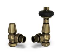 Uk Radiators 1/2Bsp 8mm Angled Antique Brass Traditional Thermostatic Radiator Valve & Lockshield Signature Wooden Head