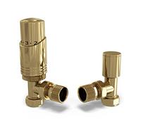 UK Radiators 1/2BSP 8mm Angled Polished Brass Modern Thermostatic Radiator Valve & Lockshield Talus Bold
