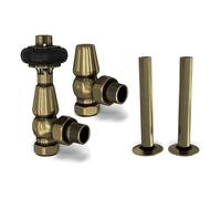 UK Radiators Antique Brass Thermostatic Radiator Valves and Angled Lockshield Valve - Brushed Antique Brass Finish - Traditional Design 1/2" x 15mm Wooden Head Radiator Valves with 130mm Pipe Sleeves