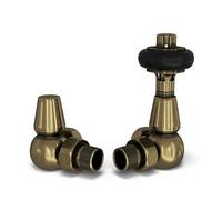 UK Radiators Brushed Antique Brass Finish Thermostatic Radiator Valve and Corner Lockshield - Traditional Design 1/2" x 15mm Wooden Head Corner Radiator Valve