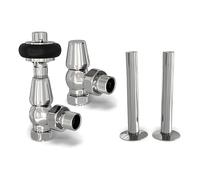 UK Radiators Chrome Thermostatic Radiator Valves and Angled Lockshield Valve - Polished Chrome Finish - Traditional Design 1/2" x 15mm Wooden Head Radiator Valves with 130mm Pipe Sleeves