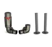 UK Radiators Pewter Thermostatic Radiator Valves and Corner Lockshield Valve - Matt Pewter Finish - Modern Design 1/2" x 15mm Corner Radiator Valves with 130mm Pipe Covers