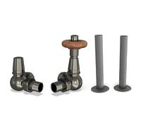 UK Radiators Pewter Thermostatic Radiator Valves and Corner Lockshield Valve - Matt Pewter Finish - Traditional Design 1/2" x 15mm Corner Radiator Valves with 130mm Pipe Sleeves