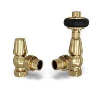 UK Radiators Polished Brass Thermostatic Radiator Valve and Angled Lockshield Valve - Polished Brass Finish - Traditional Design 1/2" x 10mm Wooden Head Radiator Valve