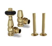 UK Radiators Polished Brass Thermostatic Radiator Valves and Angled Lockshield Valve - Polished Brass Finish - Traditional Design 1/2" x 15mm Wooden Head Radiator Valves with 130mm Pipe Sleeves