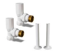UK Radiators Round Thermostatic Radiator Valve 1/2" x 15mm - W/Pipe Covers | White Finish - Pair of Valves Included - Solid Brass 1/2" x 15mm Angled - with 130mm Pipe Covers - Manual Control