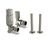 UK Radiators Satin Nickel Radiator Valves 15mm Angled Lockshield Valve in Satin Nickel and Polished Finish - 1/2" x 15mm Angled Radiator Valves - with Silver Nickel Brushed 130mm Pipe Covers