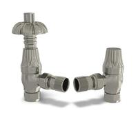 UK Radiators Silver Nickel Thermostatic Radiator Valve and Angled Lockshield - Brushed Silver Nickel Finish - Traditional Design 1/2" x 15mm Metal Head Radiator Valve