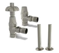 UK Radiators Silver Nickel Thermostatic Radiator Valves and Angled Lockshield Valve - Brushed Silver Nickel Finish - Traditional Design 1/2" x 15mm Metal Head Radiator Valves with 130mm Pipe Covers