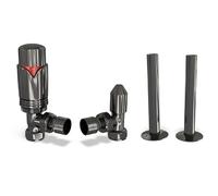 UK Radiators Thermostatic Radiator Valve 1/2" x 15mm - Pipe Covers Included | Polished Black Nickel Finish - Solid Brass 1/2" x 15mm Angled - Lockshield Included - with 130mm Pipe Covers, Easy Install