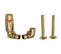 UK Radiators Thermostatic Radiator Valve 1/2" x 15mm - Pipe Covers Included | Polished Brass Finish - Solid Brass 1/2" x 15mm Corner - Lockshield Included - with 130mm Pipe Covers, Easy Installation