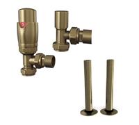 UK Radiators Thermostatic Radiator Valve + 130mm Pipe Sleeves - Energy Saving 1/2" x 15mm Brass Angled Valve - Antique Brass Colour