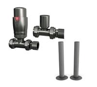 UK Radiators Thermostatic Radiator Valve + 130mm Pipe Sleeves - Energy Saving 1/2" x 15mm Brass Straight Valve - Matching Pewter Colour