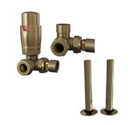 UK Radiators Thermostatic Radiator Valve Set 1/2" - TRV with Pipe Covers | Antique Brass Finish - Solid Brass 1/2" x 15mm Corner - Lockshield Included - with 130mm Pipe Covers, Easy Installation