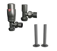 UK Radiators Thermostatic Radiator Valve Set 1/2" - TRV with Pipe Covers | Pewter Finish - Solid Brass 1/2" x 15mm Angled - Lockshield Included - with 130mm Pipe Covers, Easy Installation