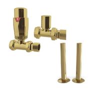 UK Radiators Thermostatic Radiator Valve Set 1/2" - TRV with Pipe Covers | Polished Brass Finish - Solid Brass 1/2" x 15mm Straight - Lockshield Included - with 130mm Pipe Covers, Easy Installation