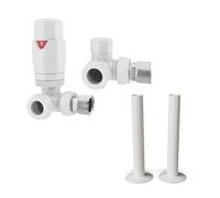 UK Radiators Thermostatic Radiator Valve Set 1/2" - TRV with Pipe Covers | White Finish - Solid Brass 1/2" x 15mm Corner - Lockshield Included - with 130mm Pipe Covers, Easy Installation