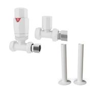 UK Radiators Thermostatic Radiator Valve Set 1/2" - TRV with Pipe Covers | White Finish - Solid Brass 1/2" x 15mm Straight - Lockshield Included - with 130mm Pipe Covers, Easy Installation