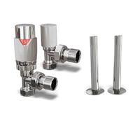 UK Radiators White Thermostatic Radiator Valves and Angled Lockshield Valve - Gloss White Finish - Classy and Modern Design 1/2" x 15mm Angled Radiator Valves with 130mm Pipe Covers