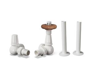 UK Radiators White Thermostatic Radiator Valves and Corner Lockshield Valve - Gloss White Finish - Traditional Design 1/2" x 15mm Corner Radiator Valves with 130mm Pipe Sleeves